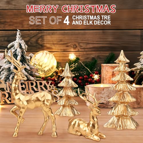 4-Piece Gold Christmas Tree Figurines and Resin Elk Sculpture Small Resin Christmas Trees,Tabletop Tree Artificial Animal Crafts for Indoor Home Decor,Tabletop Mantle Cabinet Desktop Offic