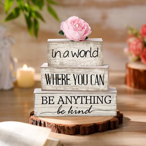 Yuntau 4 Pcs Farmhouse Tiered Tray Decor, Be Kind Block Sign with Flower - style: Flower
