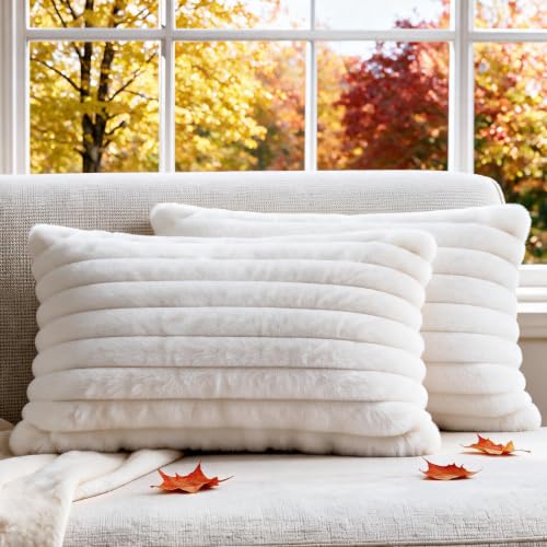 Set of 2 Decorative Throw Pillow Covers 20x12, Fall Faux Fur Cream White - color: 1-cream White, size: 20" x 12" (Pack of 2)