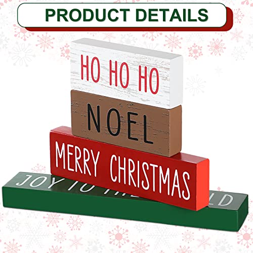 Blulu 4 Pieces Christmas Wooden Block Sign Red White Green Brown Table Centerpieces Farmhouse Tabletop Christmas Ornaments for Home Shelf Mantel Fireplace Table Windowsill Decor