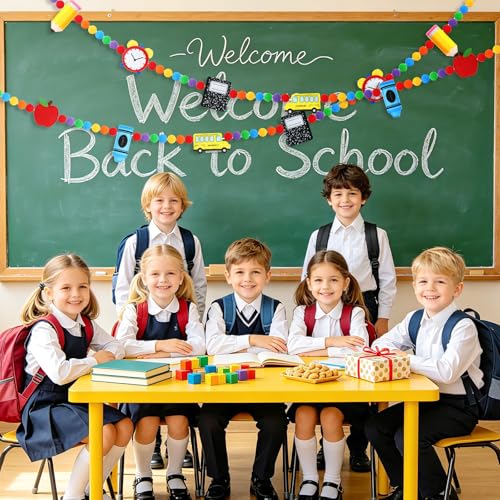 Jansun 8.2 Ft 3D Back to School School Bus Apples Alarm Clock Garland - color: Red Yellow Blue Black Green Orange