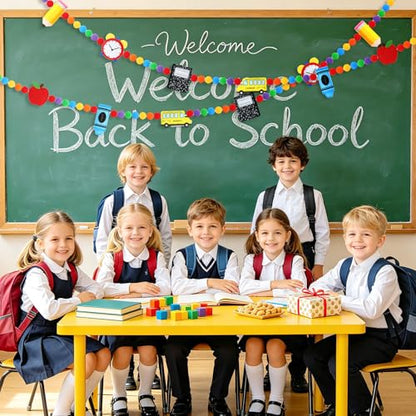 Jansun 8.2 Ft 3D Back to School School Bus Apples Alarm Clock Garland - color: Red Yellow Blue Black Green Orange