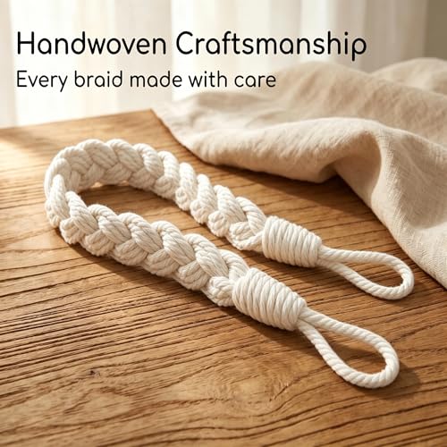 Home Queen Hand Braided Curtain Tie Back, Buckle Holdback Drapery Curtain Tiebacks, 2 Rope Cotton Belt Curtain Tie with 2 Metal Hooks, Off White - color: Off White, size: 2PC