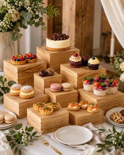 8 Pack Wooden Buffet Risers for Food Display, 8 Mini Sign