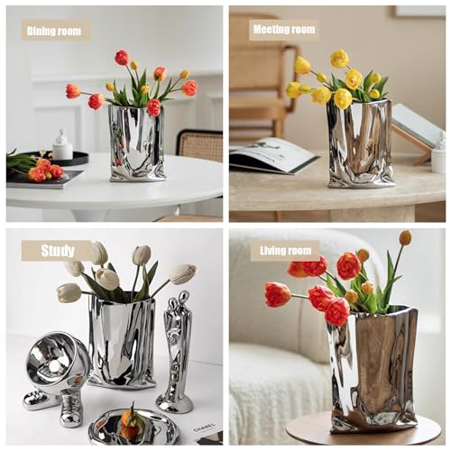 Ceramic Flower Vase, Crinkle Paper Shape, Silver Metal, Decorative Home Accent (Small) - size: Small