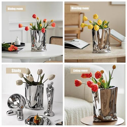 Ceramic Flower Vase, Crinkle Paper Shape, Silver Metal, Decorative Home Accent (Small) - size: Small