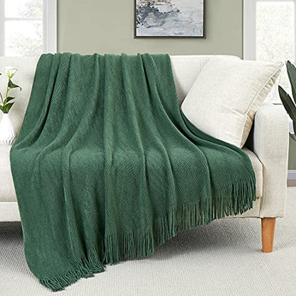 Homiest Dark Green Knitted Throw Blanket with Fringe, 50x60 Inch - color: Dark Green, size: 50" x 60"