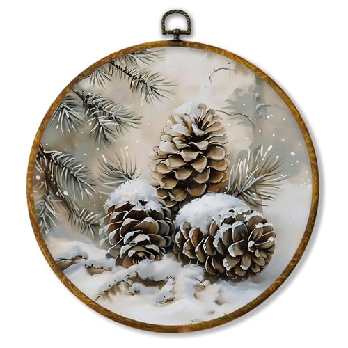 shiviody Vintage Rustic Christmas Winter Pine Cone Canvas Wall Art Decor, Farmhouse Country Snowy Forest Pinecone Round Hanging Frame Prints Decorations for Home Bedroom Living Room 10"x10" - color: Winter 09