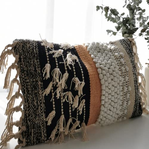 Decorative Boho-Chic Premium Pillow Cover 12x20 Handwoven Tufted Cotton Lumbar Accent Pillows, Neutral Earthly Color Throw Cushion, Farmhouse & Bohemian Home Decor (no Insert) - color: Black, White, Cream, Terracotta - Lumbar 12x20