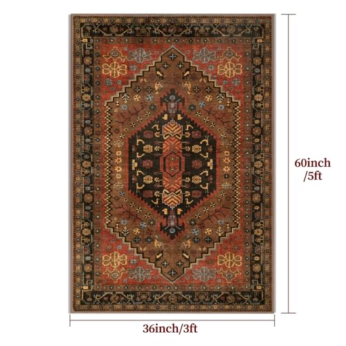 Ciicool Washable 3x5 Area Rug,Boho Non-Slip Indoor Mat for Entryway Kitchen - color: Red/Gold, size: 3' x 5' (Rectangular)