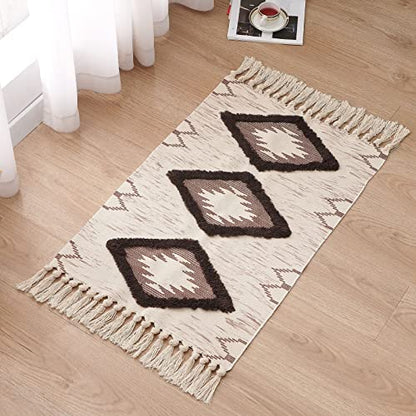 Boho Bathroom Rugs 2x3ft Farmhouse Bath Runner Rug, Small Tufted Cotton Accent Floor Mat with Tassels, Brown - color: Brown, size: 2' x 3' (Runner)