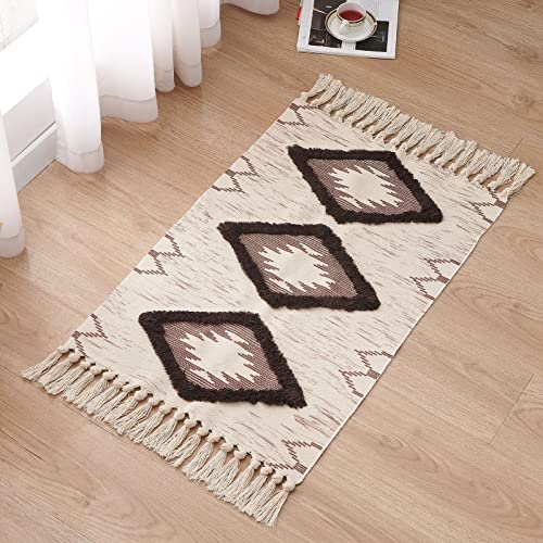 Boho Bathroom Rugs 2x3ft Farmhouse Bath Runner Rug, Small Tufted Cotton Accent Floor Mat with Tassels, Brown - color: Brown, size: 2' x 3' (Runner)
