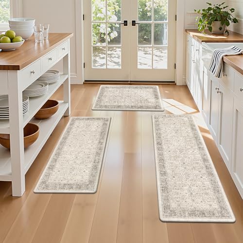 Pauwer Anti Fatigue Kitchen Floor Mats Set of 3, Cushioned Rugs, Khaki - color: Khaki