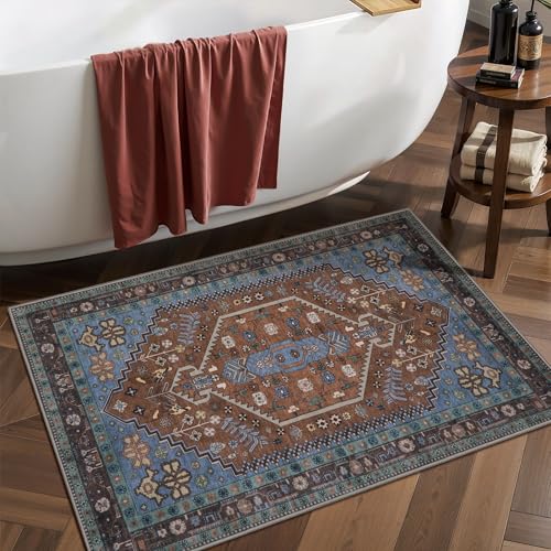 Ciicool 2x3ft Small Area Rug,Washable Boho Thin Mat for Entryway Kitchen - color: Brown/Blue, size: 2' X 3' (Rectangular)