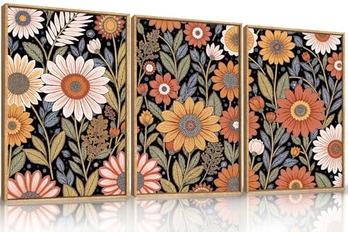 LHIUEM Large Abstract Boho Flower Framed Canvas Wall Art Set,Vintage Colorful Floral Wall Decor,Retro Wildfower Plant Painting,Botanical Artwork for Living Room,Bedroom,Dining Room,Office -16"x24"x3 - color: Boho Colorful Wall Art, size: 24"L x 16"W