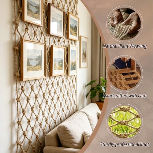 Jute Hemp Rope Net, Heavy Duty Climbing Net, 0.39 in Thick Woven Natural Fiber, 3.3 ft x 6.6 ft Netting, 3.9 in Mesh for Supervised Kids Outdoor Playground, Balcony, Stairs, Garden Decor