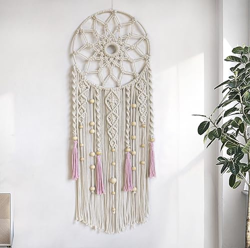 EOBTAIN Boho Macrame Wall Hanging Handmade Dream Catchers Pink and White Woven Tapestry Wall Decor Dreamcatcher Tassel Wall Art Bohemian Home Decor for Bedroom Living Room,Gifts for Girls Woman Mom - color: Pink White