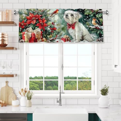 Christmas Dog Curtain Valance 54x18 Inches Window Treatment Rod Pocket Valance for Kitchen Bathroom Bedroom - color: Christmas Dog