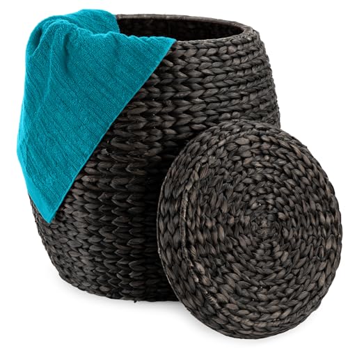 Best Choice Products Vintage Multipurpose Hyacinth Storage Basket, Plant Décor, Handwoven Organizer Tote for Bedroom, Living Room, Bathroom, w/Lid - Black - color: Black