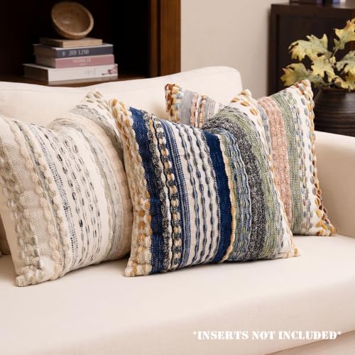 Boho Chenille Tufted Throw Pillow Covers 18x18 Inch Set of 2 Farmhouse Mixed Blue Woven Striped Decorative Pillowcases for Couch Sofa Bed - color: Mixed Blue