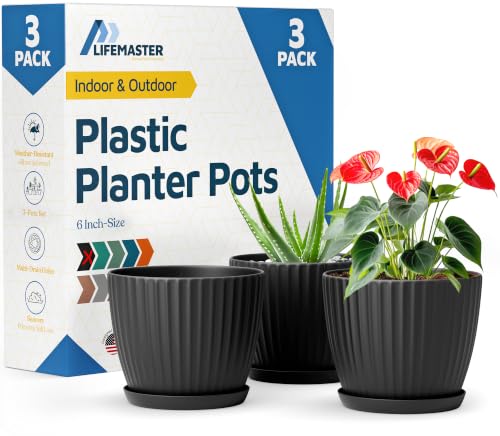 Black 6-Inch Plant Pots with Drainage & Saucers 3 Pack, Indoor & Outdoor Planters for Houseplants, Herbs, and Flowers, Durable & Weatherproof Material, Stackable, Lightweight, Minimalist Design - color: Black, size: Pack of 3