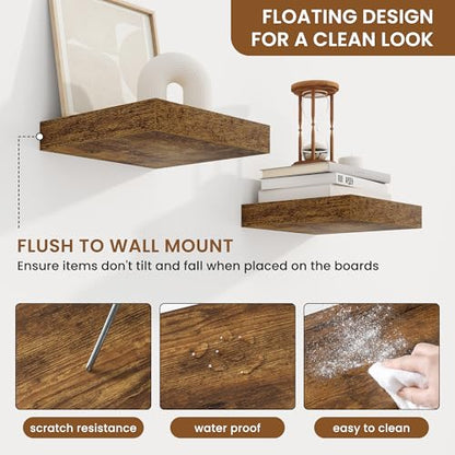 Floating Shelves for Wall, Wall Mounted Wood Shelves, Brown, Set of 3, 6.5” - color: Rustic Brown, size: 6.5"W x 6.5"D , 3 Pack
