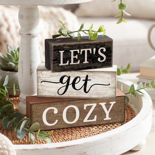 Moucuny 4 Pcs Farmhouse Table Decor Inspirational Wood Signs Let's Get Cozy - style: Let's Get Cozy