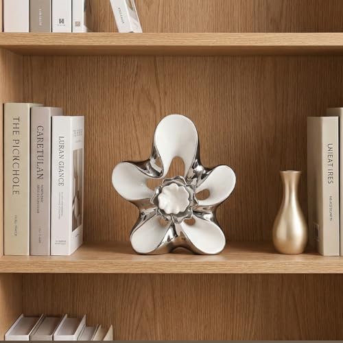Ceramic Statue Home Decor Aesthetic Abstract Flower Sculpture - color: White and Silver