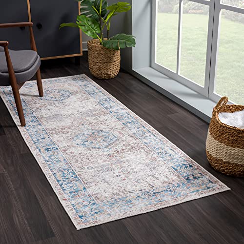 Bloom Rugs Caria Washable Non-Slip 10 ft Runner - Beige/Ocean Blue Traditional Runner for Entryway, Hallway, Bathroom, and Kitchen - Exact Size: 2'6" x 10' - color: Beige / Ocean Blue, size: 2'6" x 10' (Runner)