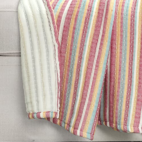 Lush Decor Tracy Stripe Boho Kantha Pick Stitch Cotton Throw Blanket Single 50" W x 60" L Rust & Yellow - Striped Throw Blankets for Bed - Couch Blanket