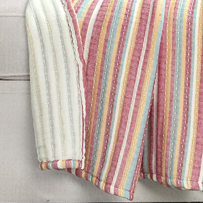 Lush Decor Tracy Stripe Boho Kantha Pick Stitch Cotton Throw Blanket Single 50" W x 60" L Rust & Yellow - Striped Throw Blankets for Bed - Couch Blanket