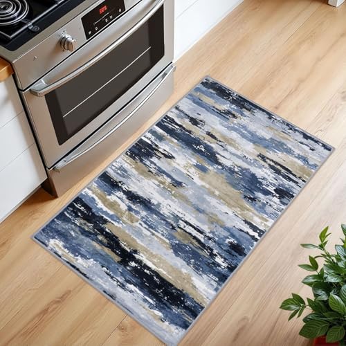 Abstract Washable Entryway Rug 2x3 Area Rug Non Slip Door Mat - color: Navy / Blue / Taupe, size: 2' x 3' (Rectangular)