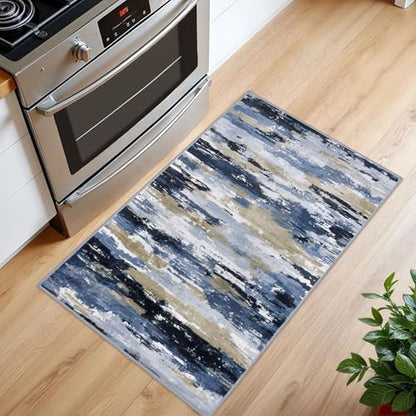 Abstract Washable Entryway Rug 2x3 Area Rug Non Slip Door Mat - color: Navy / Blue / Taupe, size: 2' x 3' (Rectangular)