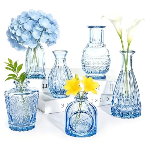 SUPMIND Blue Glass Bud Vases Set of 6, Small Flower Vases for Centerpieces - color: Blue