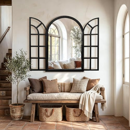 Arched Wood Mirror for Wall, 26" x 38" Rustic Farmhouse Mirror, Black - size: 38"L x 26"W