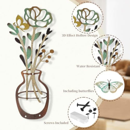 3 Pcs Metal Flower Wall Art with Butterflies, Rustic Boho Farmhouse Decor - color: green-03