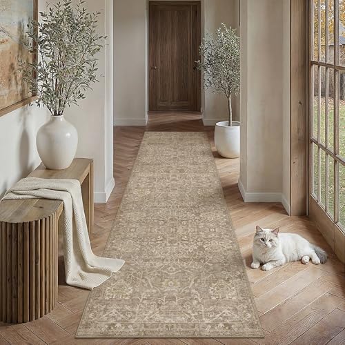 HUGEAR 3x10 Light Brown Vintage Floral Washable Runner Rug for Hallway - color: Light Brown, size: 3' x 10' (Runner)