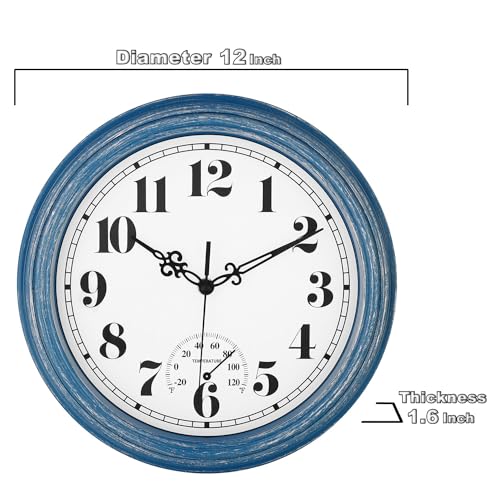 zyzamay 12 Inch Indoor Outdoor Battery Operated Wall Clocks, Blue - color: Blue