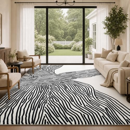 YIHOUSE 9×12 Ft Washable Rug, Black and White Abstract Area Rug for Bedroom, Living Room, Dining Room, Office, Playroom, Nursery, Ultra Thin Nonslip Modern Large Rugs Soft Contemporary Striped Rugs - color: Modern Lines Beige, size: 9' x 12' (Rectangular)