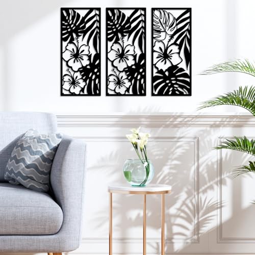 Palm Leaves Metal Wall Decor 3 Pcs Tropical Wall Art Hibiscus Flowers Decor - color: Black Style