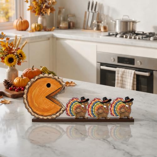 Smile Thanksgiving Wooden Standing Decor, Pumpkin Pie Turkey and Mini Turkeys Tiered Tray Tabletop Signs With Stands for Home And Party Decorations - style: Retro