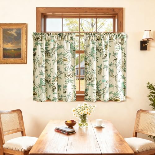 Leeva Rustic Farmhouse Cafe Curtains for Kitchen, Rod Pocket Small Window Curtains Over Sink, 30" x 30", Plants & Birds & Butterfly Print on Beige - color: M9, size: 30"W x 30"L (Pack of 2)