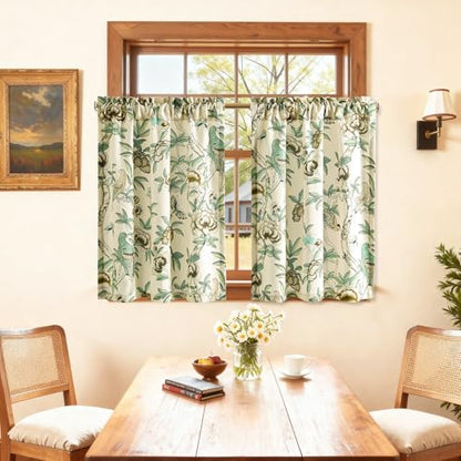 Leeva Rustic Farmhouse Cafe Curtains for Kitchen, Rod Pocket Small Window Curtains Over Sink, 30" x 30", Plants & Birds & Butterfly Print on Beige - color: M9, size: 30"W x 30"L (Pack of 2)