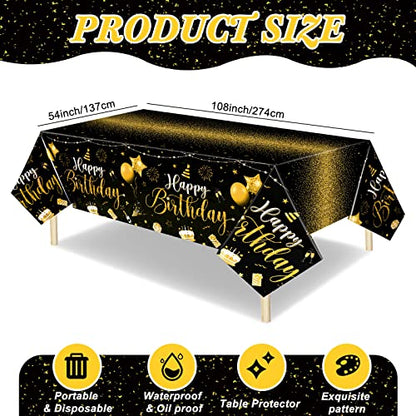 Tudomro 3 Pcs Plastic Happy Birthday Party Tablecloths,Black Gold - color: Black Gold
