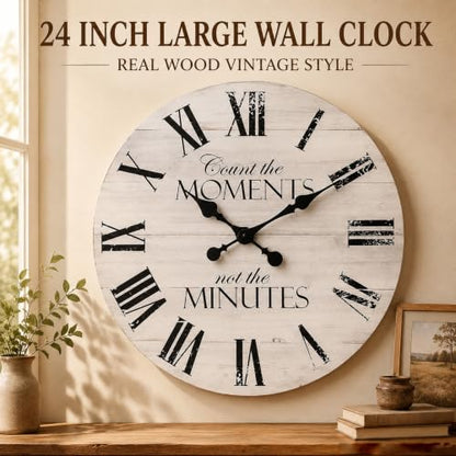 24 Inch Inspirational Farmhouse Wall Clock, Silent Non-Ticking, White Distressed Shiplap Wood, Battery Operated Rustic Quartz Clock for Living Room, Kitchen, Bedroom, Home Office Decor