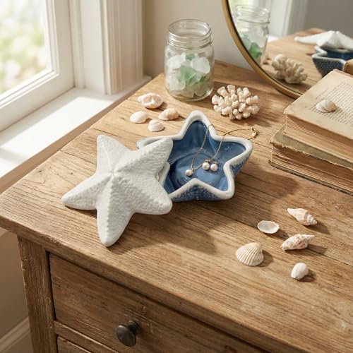 Snailhouse Starfish Shape Jewelry Box with Lid, Ceramic Decorative Small Trinket Ring Earring Necklaces Bracelet Dish Holder Bowl Tray Plate, Gifts for Women
