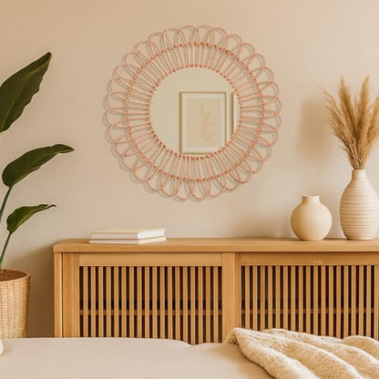 American Art Decor 25" Boho Woven Rattan Mirror - Round Decorative Wall Mirror - Rustic Farmhouse Small Hanging Accent Mirror for Living Room, Bedroom, Kitchen, Bathroom, Entryway