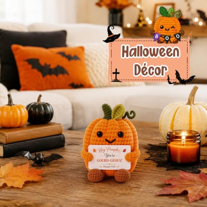 Autumn Fall Decorations for Home on Thanksgiving, Fall Basket Stuffer for Women Handmade Crochet Pumpkin with Postive Card, Halloween Thanksgiving Gifts for Women Hostess Teachers Friends Coworkers
