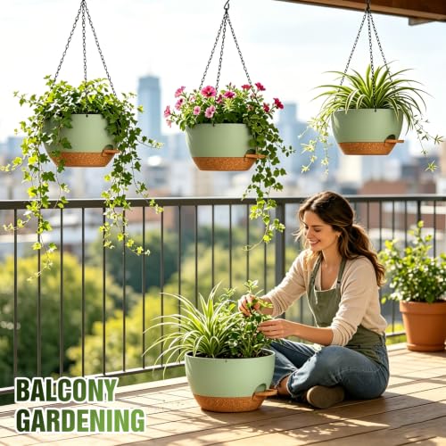 12 Inch Large Self Watering Hanging Planters 2 Pack with Saucers - color: Green Brown, size: 12 Inch 2 Pack