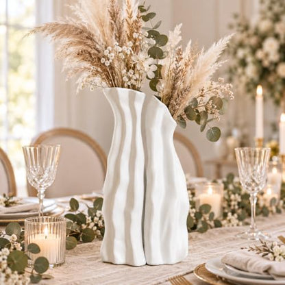 White Tall Ceramic Vase Set of 2, Sculptural Mountain Decor, Matte Finish - color: Cool White